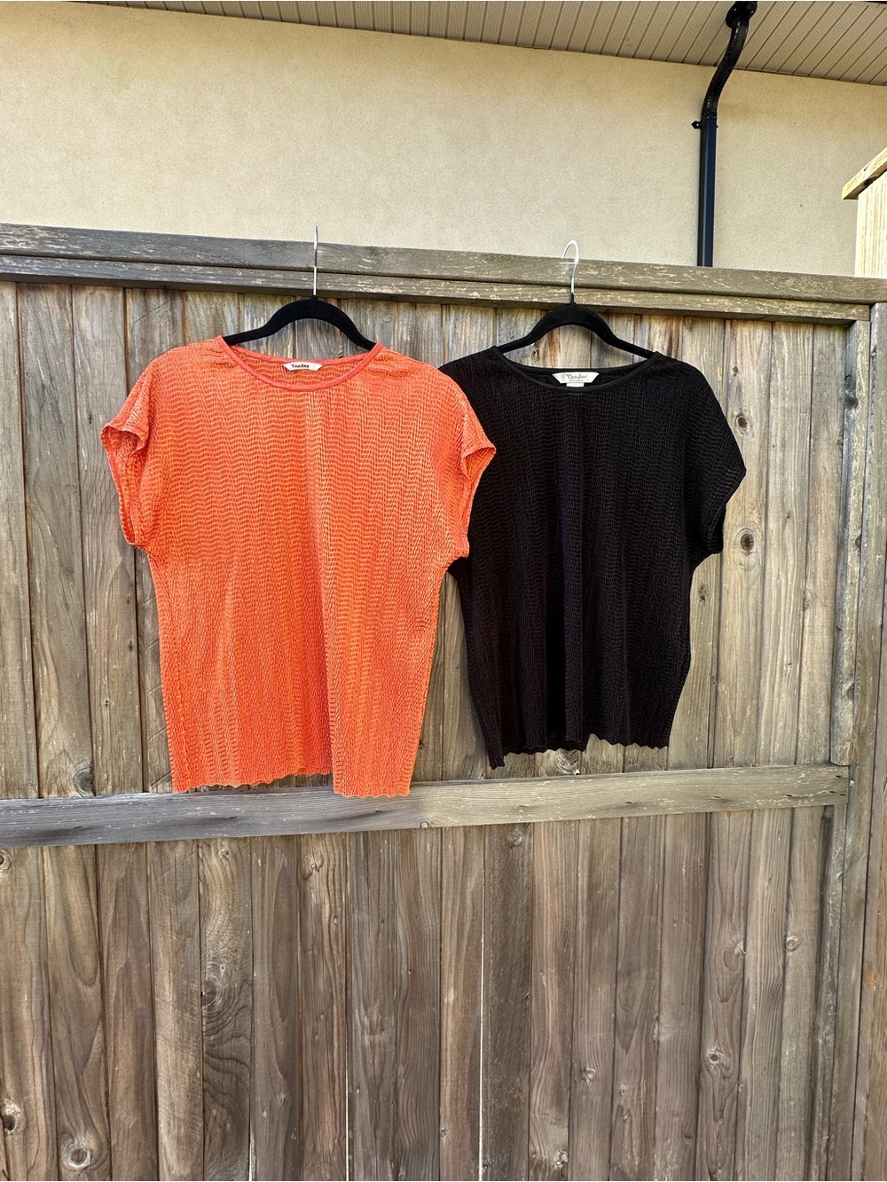 TanJay Orange and Black Short-Sleeve Textured Knit Tops - Pair